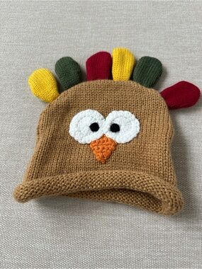 Mud Pie Brown Knit Turkey Hat with Red, Yellow & Green Feathers